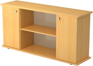 bümö Sideboard Buche mit Flügeltüren & Regal - Büromöbel Sideboard Holz 166cm breit, 45cm schmal, Büro Schrank für Flur oder als Wohnzimmer-Kommode mit Streifengriff, SB2T-6-6-SG
