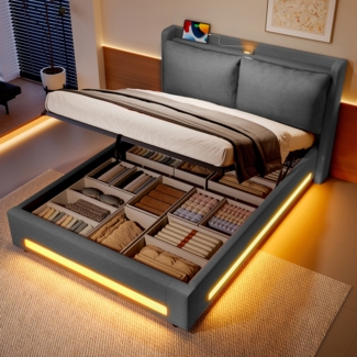 Flieks Polsterbett 140*190cm Doppelbett Samt-Himmelbett praktischem Stauraum, USB-C-Anschlüssen, ambienter LED-Beleuchtung, grau
