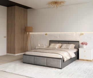 FDM Stauraumbett mit Bettkasten und Lattenrost 120x200, 140x200, 160x200, 180x200cm (Mit MATRATZE - Bettrahmen mit Bettkasten für viel Stauraum, MADE IN EU - in Grau,Weiß oder Eiche Braun, ideal für Paare), Metallrahmen mit hydraulischer Klappfunktion