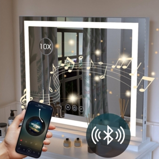 LETGOSPT Kosmetikspiegel LED Schminkspiegel, Kosmetikspiegel mit Beleuchtung, Hollywood Spiegel (Wandspiegel, Tischspiegel, mit Touch, dimmbaren 3 Modi, Abnehmbare Lupe, USB und Typ-C), Schminkspiegel mit Bluetooth-Lautsprecher für Wohnzimmer, Schlafzi...