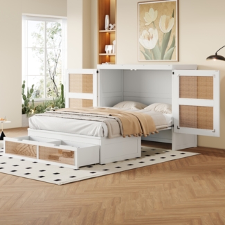 Merax Doppelbett Schrankbett 140 x 200 cm, Wandbett mit Lattenrost, Wandklappbett, vertikales schrankbett mit Lattenrost, mit Stauraumschubladen, Rattan-Design, Holzbetten, Weiß