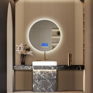 PXloue Badezimmerspiegelschrank Runder Spiegel mit LED-Uhr und Temperaturanzeige Stylisches Design mit Uhr, Datum und Temperatur für das Badezimmer.