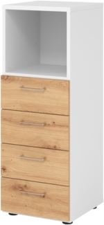 bümö smart Schubladenschrank, Büroschrank in Weiß/Asteiche mit 4 Schüben & 1 Regalfach - Bürocontainer aus Holz, Container mit Metallgriffen & Soft-Stop Schubladen, 934S4-W-R-BS