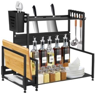 JEOBEST Gewürzregal Küche Gewürzhalter, 2 Etagen Gewürzdosen Küchenregal, Gewürzregal Stehend mit Schneidebretthalter,Utensilienhalter,6 Haken