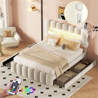TavilaEcon Polsterbett Doppelbett Funktionsbett Stauraumbett mit 4 Schubladen, mit LED-Lichtleiste mit USB und Stereoanlage 140*200cm