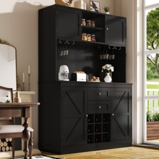 HAUSS SPOLE Hochschrank Hochschrank mit verstellbaren Ablagen & Weinregal, 4 Türen Schwarz (Hochschrank Küchenbuffet mit 4 Türen, 2 Schubladen, verstellbaren Ablagen & Weinregal – Multifunktionaler Küchenschrank im modernen Design für Küche und Wohnzim...