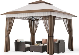 Pop-Up Pavillon 3,35x3,35m Verstellbare Höhe wasserdicht Beige UV-Moskitonetz