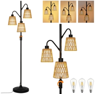 Merry 2024 Stehlampe Stehlampe Wohnzimmer dimmbar, Retro Standleuchte mit 3-flammige, LED wechselbar, mit Rattan Lampenschirm,für Schlafzimmer Wohnzimmer Büro
