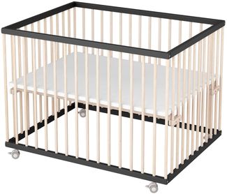 Sämann Laufstall Baby mit Matratze Cloud Air | TÜV geprüft | stufenlos höhenverstellbar | Laufgitter Premium | Babybett aus Holz | Krabbelgitter (schwarz/natur, 75x100 cm)