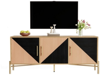 OKWISH Lowboard TV-Schrank mit goldene Griffe und Beine (TV-Board,TV-Ständer, Fernsehtisch Landhaus, 1 St, 3 Türen), braune und schwarze Holzmaserung Design