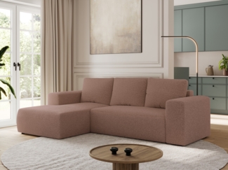 Ecksofa mit Schlaffunktion, Bettkasten und losen Kissen für das Wohnzimmer - TRENTINO - Rosa Boucle - links