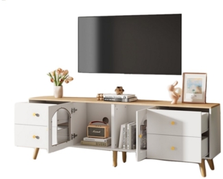 MODFU Lowboard TV-Schrank mit Stauraum (Fernsehtisch,TV-Board,TV-Ständer, Wohnzimmermöbel, TV-Panel, 1 St, mit 2 Seitentüren Hartglas, 4 Schubladen), TV-Entertainment Dekotisch mit geschwungenem Design
