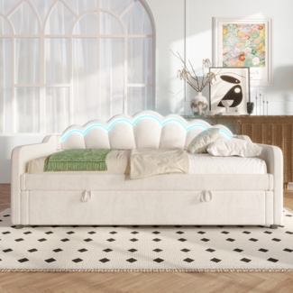 Tagesbett 90x200 cm mit hydraulischem Stauraum und LED-Beleuchtung,elegantes Polsterbett mit gewelltem Kopfteil,Beige