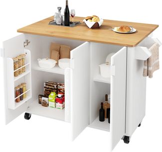 Kücheninsel B 130 x T 45 (75) x H 92 cm, klappbare Arbeitsplatte, 3 Türen, MDF Weiß, 5 Rollen