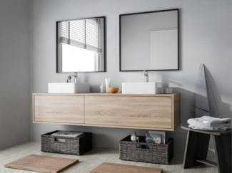 Vente-unique - Waschbeckenunterschrank hängend mit Doppelwaschbecken - Holzfarben hell - L150 cm - ISAURE II