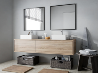 Vente-unique - Waschbeckenunterschrank hängend mit Doppelwaschbecken - Holzfarben hell - L150 cm - ISAURE II