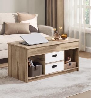 VASAGLE Couchtisch höhenverstellbar, Wohnzimmertisch, 2 Schubladen, versteckte Fächer, Kaffeetisch, offener Stauraum, braun-weiß