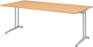 bümö Schreibtisch groß, Serie 200x100 cm, Tischplatte aus Holz in Buche, Gestell aus Metall in Silber - PC Tisch, großer Computertisch für's Büro, Office Bürotisch, BS-2E-6