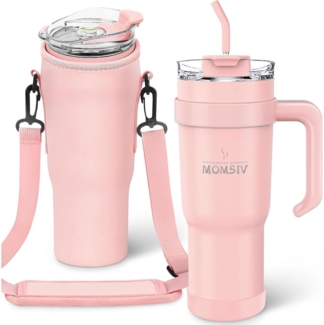 Thermobecher 40oz mit Strohhalm und Griff, Rosa Isolierbecher 1100ml
