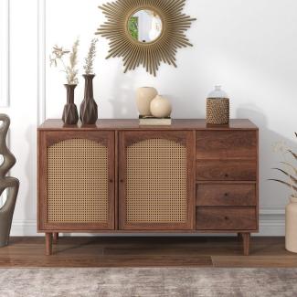 Merax Sideboard Buffet Rattan mit 3 Türen und 2 Schubladen, Antik,Landhaus Stil, Kommode aus Holz und Rattan,B/H/T:130/76/41 cm