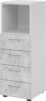 bümö smart Schubladenschrank, Büroschrank in Grau/Beton mit 4 Schüben & 1 Regalfach - Bürocontainer aus Holz, Container mit Metallgriffen & Soft-Stop Schubladen, 934S4-5-M-BS