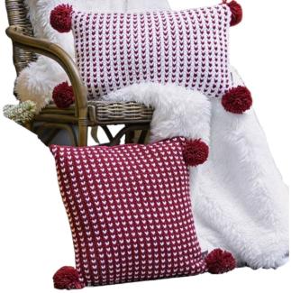 Home-trends24. de Kissenhüllen Kissenhülle Bommel 2er Set Rot Weiß Strickmuster Winter Weihnachten, (2 Stück)