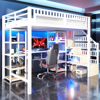 Merax Hochbett, 140 x 200 cm, Kinderbett, Jugendbett, Eisenrahmen, Ablagefach, Leiter mit Stauraum, Schreibtisch, LED-Lichtleiste, USB-Anschluss inklusive, Weiß