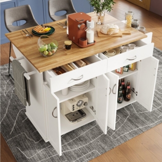 Celya Küchenwagen Moderne Kücheninsel mit arbeitsplatte und sitzgelegenheit, auf rollen, (Speisewagen mit Holzmaserung, Weiß, Multifunktionale Esstisch mit Speicherraum), 106×50×90.5cm, Küchenschrank, buffetschrank