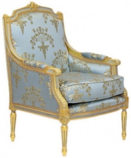 Casa Padrino Sessel Barock Lounge Thron Sessel Empire Blau-Grau Gold Muster / Gold - Ohren Sessel - Ohrensessel Tron Stuhl