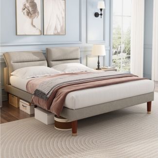 Yorbay Polsterbett 160x200 cm mit verstellbarem Kopfteil, Doppelbett in Beige-Grau mit Holzlattenrost
