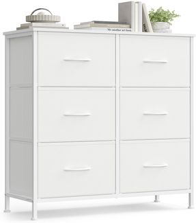 SONGMICS Kommode, Schrank, 6 Stoffschubladen, Aufbewahrungsschrank, Stahl, MDF, Vliesstoff, für Schlafzimmer, Flur, Wohnzimmer, wolkenweiß-schneeweiß LGS123WH01