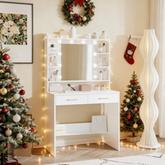 Schminktisch mit Spiegel, Schminktisch mit Ablageflächen und 2 Schubladen, für Schlafzimmer, Wohnzimmer, Verstellbare Helligkeit, 40 x 80 x 149 cm, Weiß