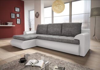 Ecksofa Santi - Polsterecke L-Form, Schlafsofa mit Bettkasten, Sofa mit Schlaffunktion, Couch (Weiß + Grau (Madryt 120 + Berlin 01), Ecksofa Links)