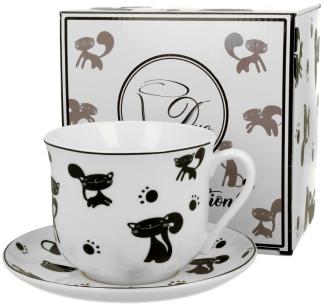 DUO ANIMALS Jumbobecher 470 ml BLACK CATS mit Untertasse, New Bone China Porzellan