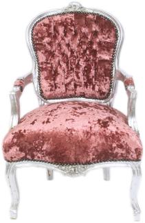 Casa Padrino Barock Salon Stuhl Bordeaux Velour Stoff / Silber - Antik Design Möbel