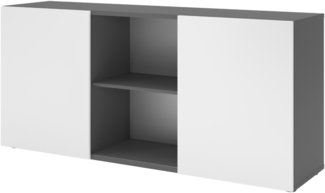 bümö Schwebetürenschrank, Sideboard Graphit/Weiß - Büromöbel Sideboard Holz 160cm breit, 42cm schmal, Büro Schrank mit Schwebetür für Flur oder als Wohnzimmer-Kommode, 1780-G-W