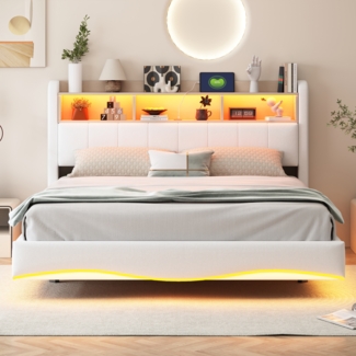 Beiges Schwebebett 160x200 cm Mit LED Beleuchtung Und USB Type C Anschlüssen Doppelbett Mit Stauraum Modernes Design 250 Kg Tragkraft