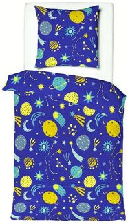 JACK Kinderbettwäsche 135x200cm Astronaut Weltall Galaxie Planeten Blau Gelb, Renforcé, 2 teilig, Baumwolle, Kinderzimmer, Sternschnuppe, Reißverschluss