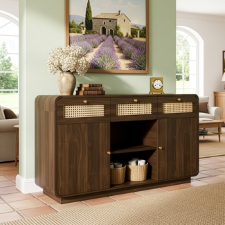 Sideboard Nussbaum mit Rattan, 3 Schubladen, 2 Schränke, Offenes Regal, Retro Kommode Wohnzimmer Flur Küche