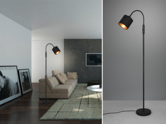 Kleine LED Stehleuchte Stoffschirm Schwarz/Gold mit Flexarm, Höhe 130cm