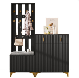 Merax Garderoben-Set Dolly, (Garderobenkombination, 3-St, Garderobenfront mit Haken), Schuhschrank mit Schubladen & Türen, Möbelset mit Schuhbank & Kissen