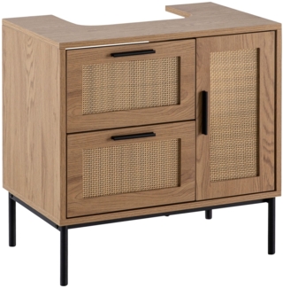 Waschbeckenunterschrank Eiche-Optik 60 x 60 x 40 cm mit Tür und Schubladen, Badezimmerschrank mit Rattangeflecht, Unterschrank Stehend, Badschrank Midischrank Klein Waschtisch