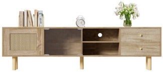 Refined Living TV-Schrank Fernsehtisch mit Tür in Rattanoptik, offenen Fächern und Schubladen (172 x 35 x 48 cm, TV-Board, Lowboard Wohnzimmerschrank, mit 2 Türen und 2 Schubladen, 1-St, mit Glasschiebetüren und Massivholzbeine und goldene Griffe) Viel...