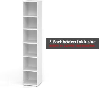 bümö Regal weiß, Standregal aus Holz für 6 Ordnerhöhen - Bücherregal groß 40 cm schmal, Aktenregal für Ordner & Bücher, großes Büroregal, Holzregal, Ordnerregal, Buchregal, 964RE-W