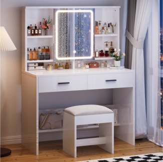 HOMALL Schminktisch Schminktisch mit Spiegel und LED 2 Schubladen und 6 Ablagefächer (Dreifarbiges Einbau-Lichtband mit Unterbau-Tretplatte Kostengünstige Wahl)