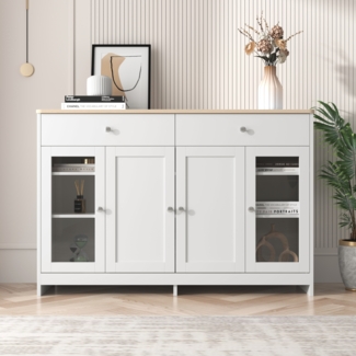 Sideboard mit wei?er Holzmaserung, vier Tren, mit zwei Schubladen, Tr mit Glas. Wohnzimmer, Esszimmer. Holzfarbe und Wei?