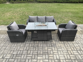 Fimous Polyrattan Gartenmöbel Set Garten Sofa im Freien Gasfeuerstelle Esstisch Set mit 3-Sitzer Sofa Dunkelgrau Gemischt