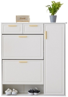 Refined Living Schuhschrank mit verstellbaren Regalen,mit goldenen Griffen, Schubladen (weiß, B95/D24/H107.5cm, Schuhregal, Klappschrank, Multifunktional, Schuhaufbewahrung, Aufbewahrungsschrank, 1-St, mit 2 Schubladen und 3 Türen, Multifunktional) mit...