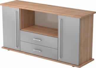 bümö Sideboard Nussbaum/Silber mit Flügeltüren & Regal - Büromöbel Sideboard mit Schubladen Holz 166cm breit, 45cm schmal, Büro Schrank für Flur oder als Wohnzimmer-Kommode mit Chromgriff, SBTS-N-S-CE