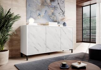 Domando Sideboard Chioggia M1 Modern Breite 150cm, Front in Marmornachbildung, Push-to-open-Funktion in Weiß Matt und Marmor Weiß